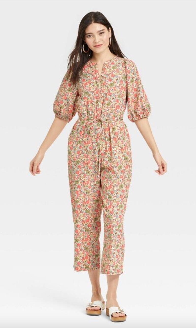 Universal Thread Floral Cotton Puff Sleeve Crop Jumpsuit Belted Women’s XL Boho